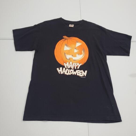 VINTAGE Halloween Shirt Mens Large Black Jack O'Lantern Pumpkin Graphic Y2K - Picture 1 of 10
